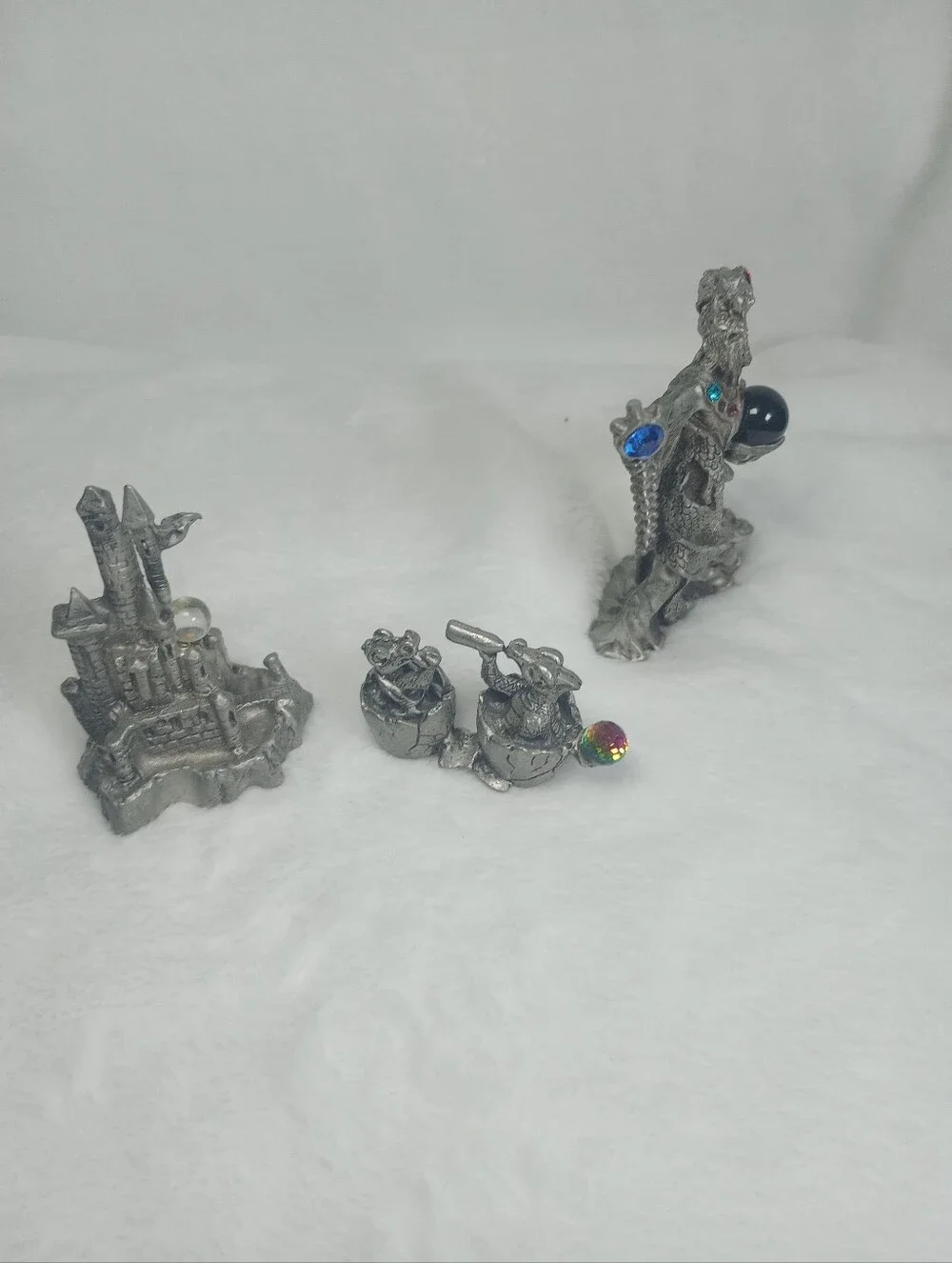 Pewter Wizard Figurines Orb Ball With Jewels Baby Dragon In Egg Castle With Orb